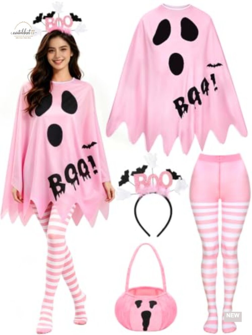 Women Ghost Costume Set Poncho Cape Headband Bag Tights Halloween